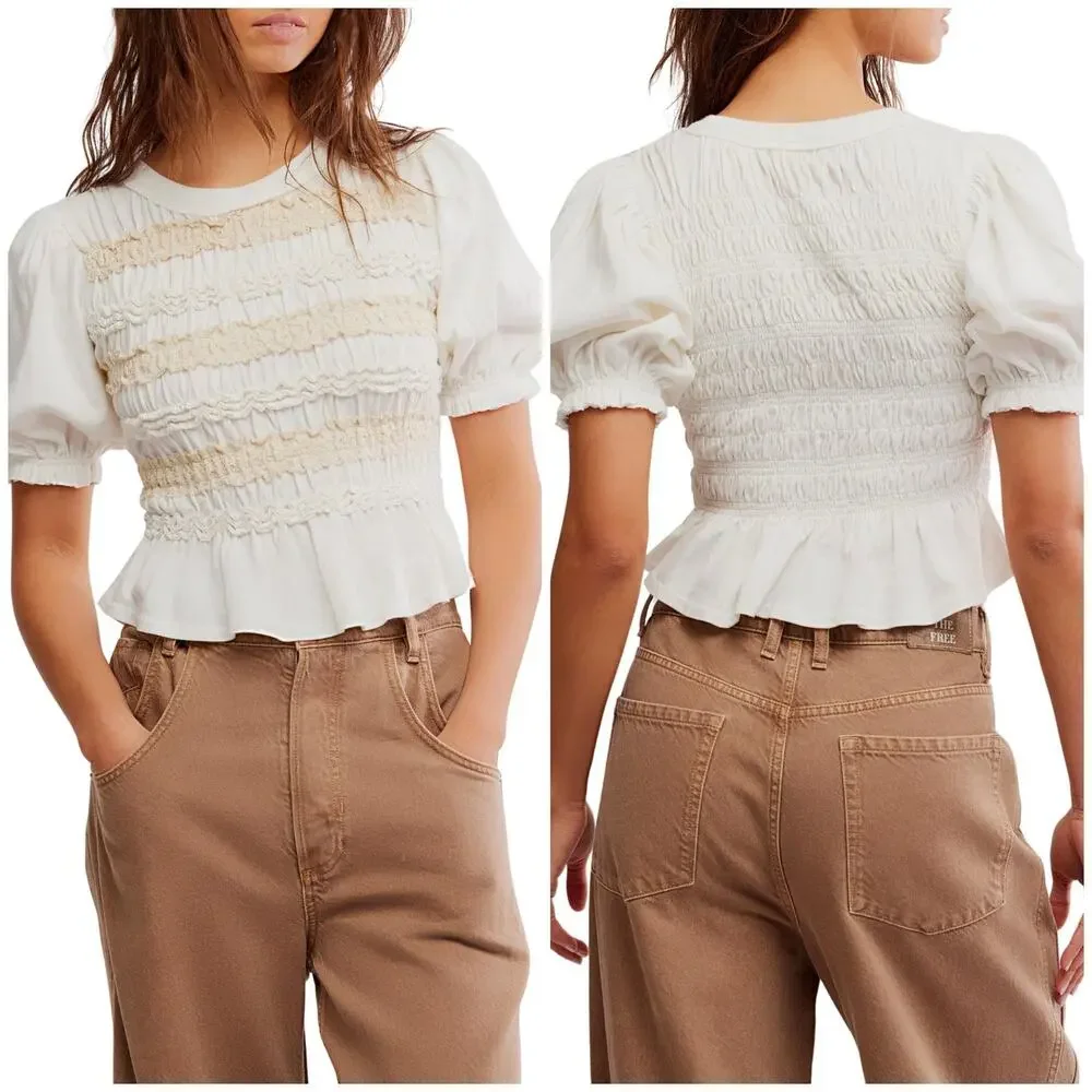 Free People Maxey Lace Trim Cotton Smocked Peplum Top XL